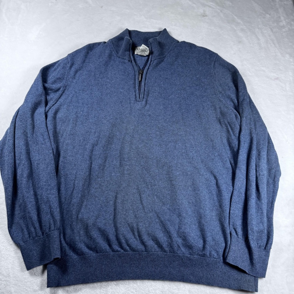 LL Bean Sweater Mens Extra Large Blue Cotton Cashmere Quarter Zip Pullover